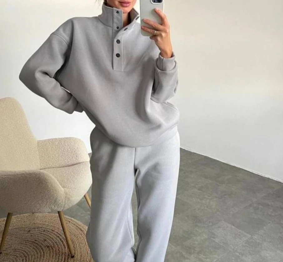 2 Piece Sets Women Outfit 2023 Autumn/winter New Casual Fashion Solid Button Design Standing Collar Pullover Sweater Pants Set