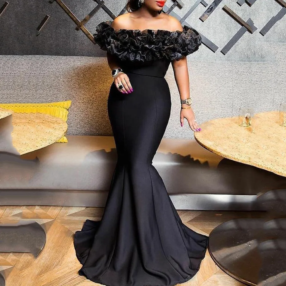 

2022 new elastic European and American women's dress lotus leaf one-line shoulder slim-fit woman dress