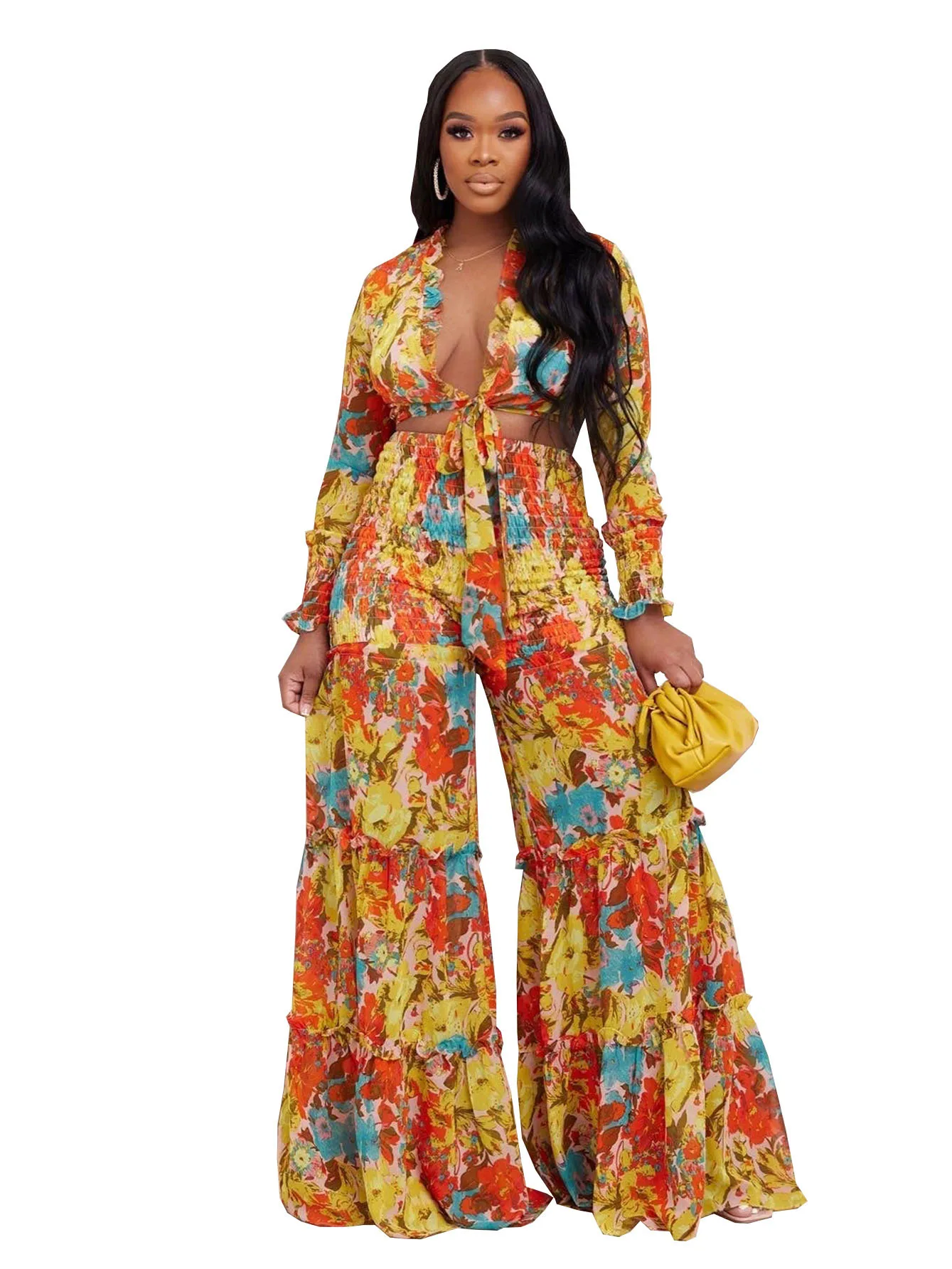 

Женский шифоновый комплект из двух предметов с принтом, Клубная одежда, сексуальный короткий топ на шнуровке и расклешенные брюки, комплекты одежды с высокой талией для ночного клуба