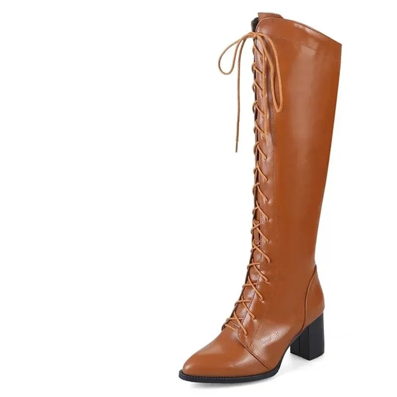 

Retro Brown Black Lace Up Cross Tie Womens Boots Pointed Toe High Block Heel Knight Motorcycle Boots Ladies Shoes Plus Size