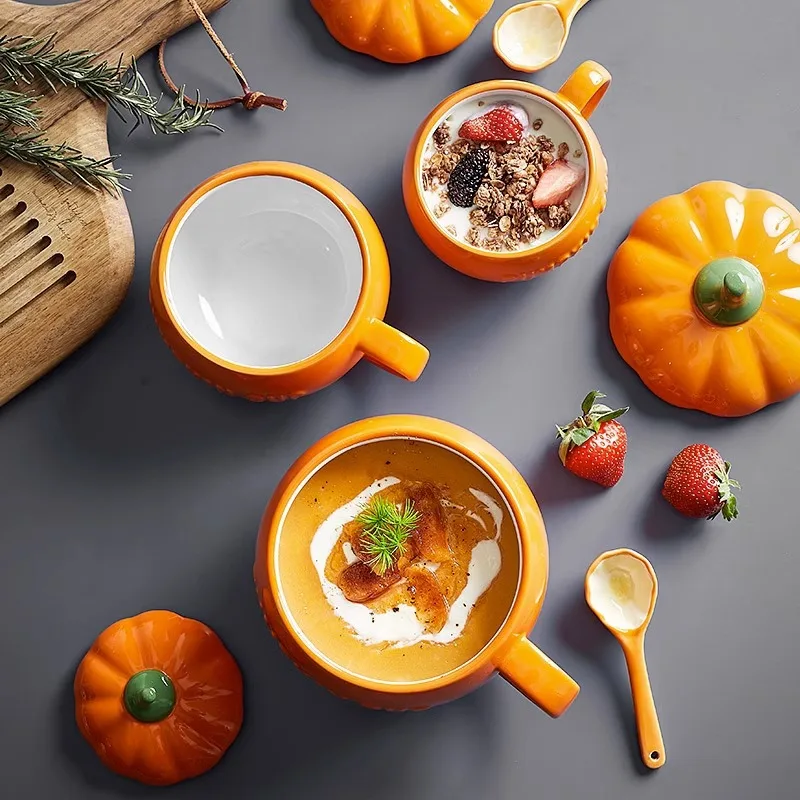 Description Picture 2 of item(1pc)Pumpkin Creative Personality Trend Water Cup Ceramic Scoop with Lid Breakfast Oat Mug High Beauty Cute Girl