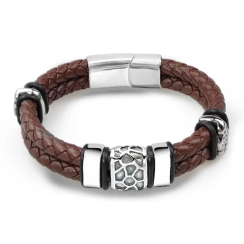 Brown Luxury 316L Stainless Steel Irregularly Cracked Man Bracelet Genuine Braided Leather Men s Jewelry