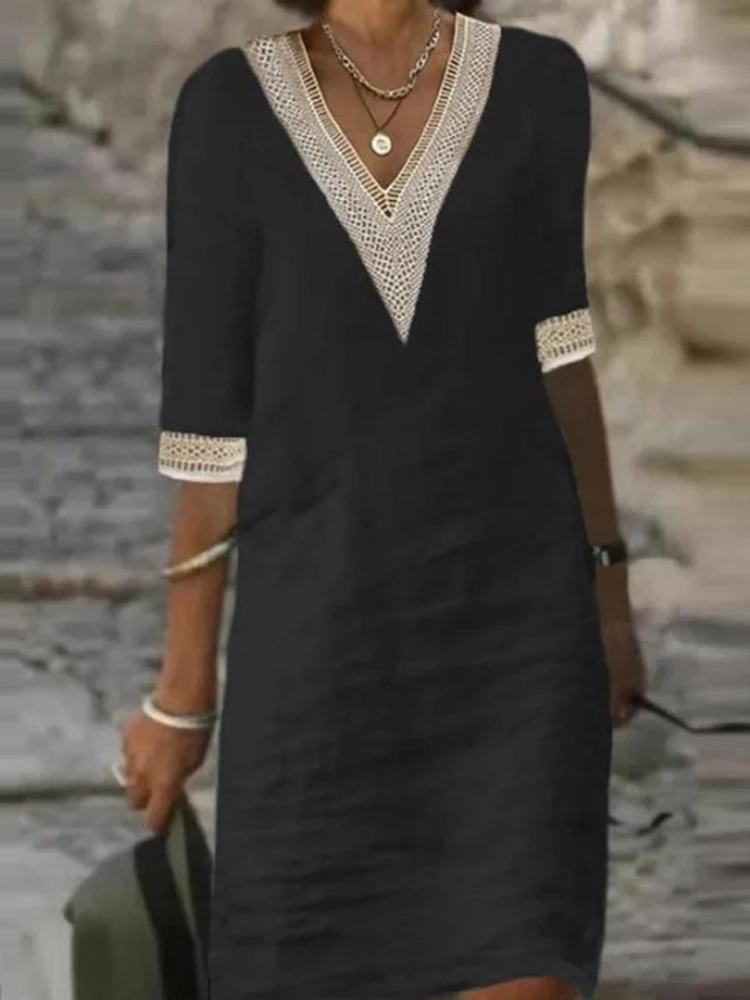 

Women V Neck Patchwork Hollow Midi Dress Summer Short Sleeve Office Lady Dress Spring Embroidery Lace Jacquard Party Dress