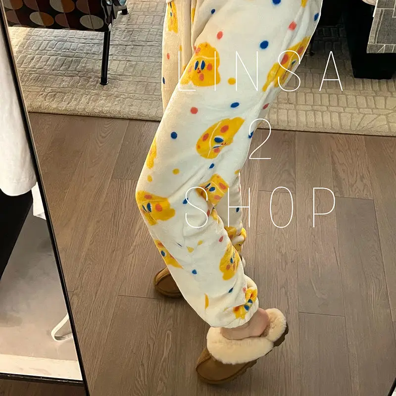 Bear Print Pajama Pants Casual Home Trousers For Winter Women Girls Sweat Cute Cartoon Homewear Y2K Loose Thick Fannel Sleepwear