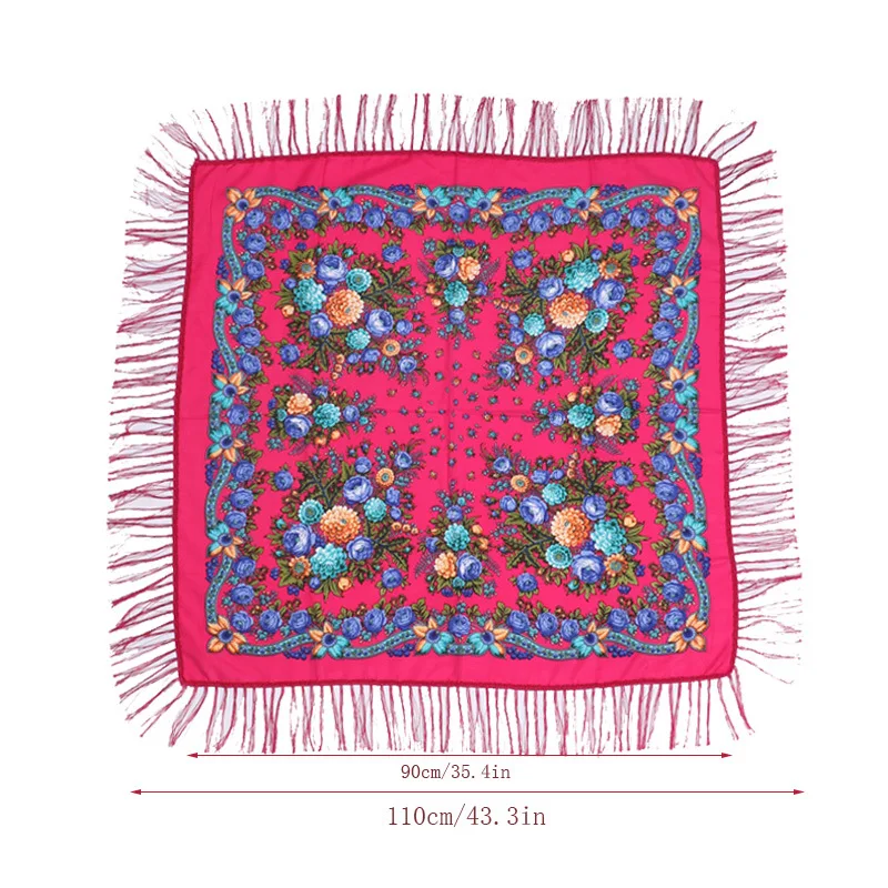 90*90CM Russian Printed Floral Scarf Women‘s Big Size Square Handkerchief Bandana Retro Ethnic Fringed Shawl Babushka Head Wraps