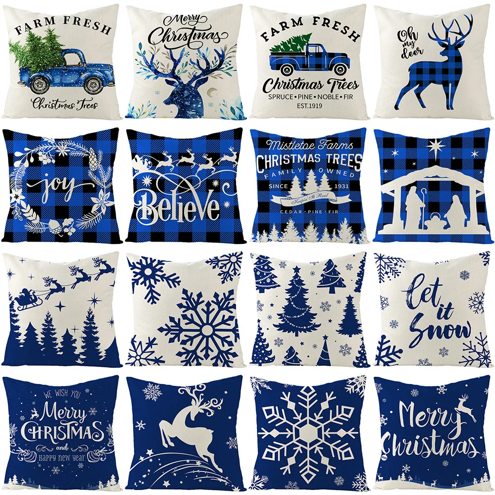 

Blue Christmas Throw Pillows Covers Decorative Linen Print Christmas Elk Pillow Case Home Decor Sofa Chair Cushion Cover