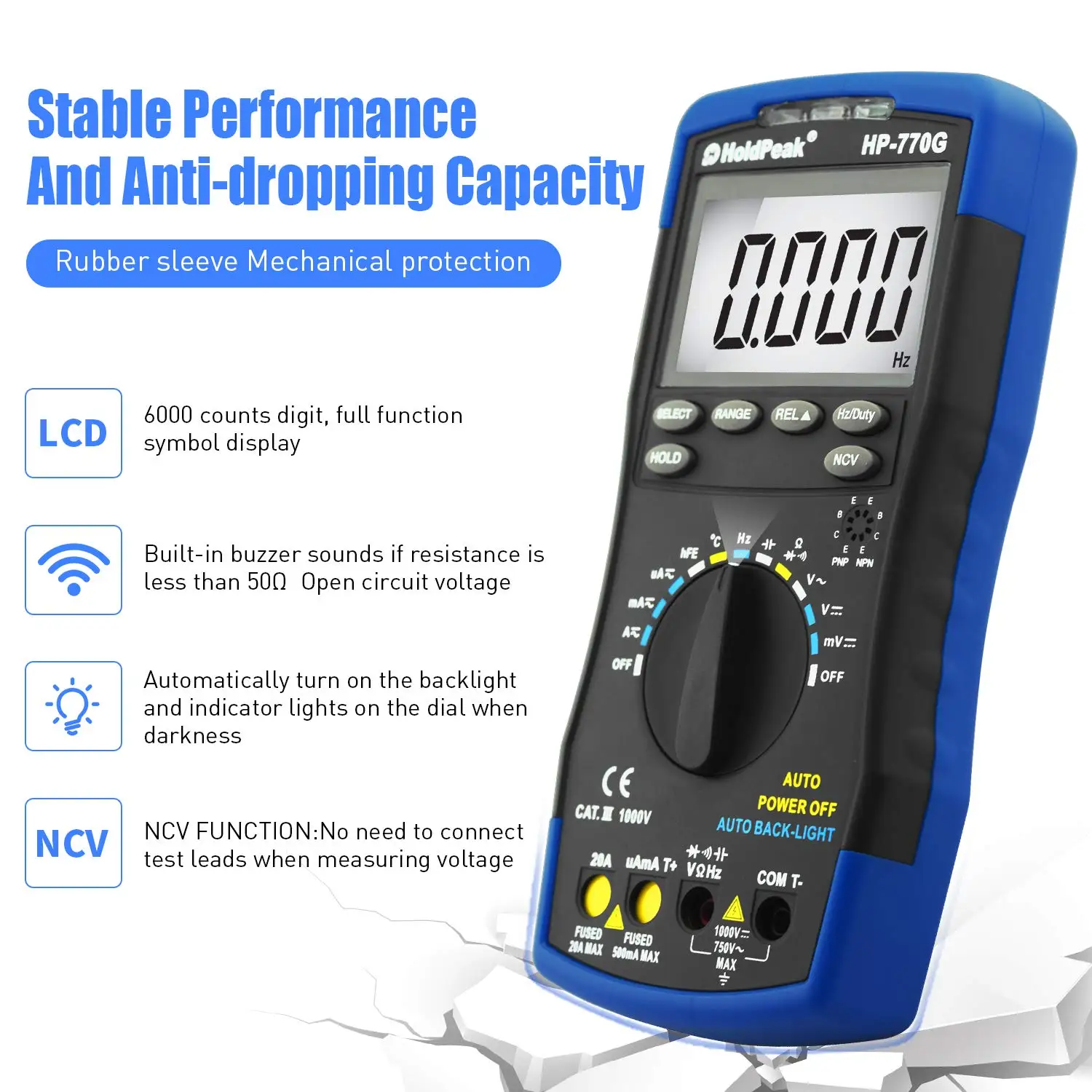 HoldPeak HP-770G Automatic Range Intelligent Backlight Electronic Universal Meter Capacitance Measurement Digital Multimeter