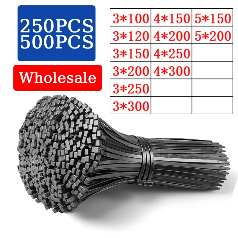 Self Locking Plastic Nylon Cabo Tie Cabo Tie Anel de Fixação Zip Wraps Strap Preto 3*200 mm 3*300 mm 4*200 mm 4*300 mm