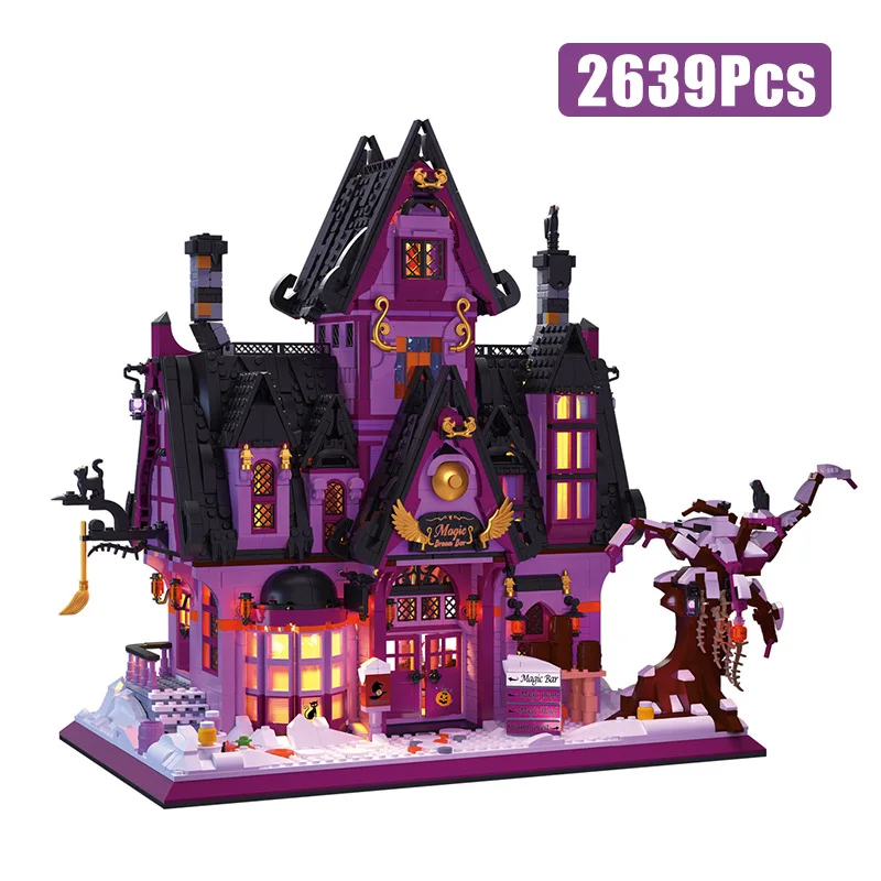 

Creative Magic Broomstick Bar Halloween House Model Building Blocks Street View Purple Cabin Mini Bricks MOC Toys Children Gifts