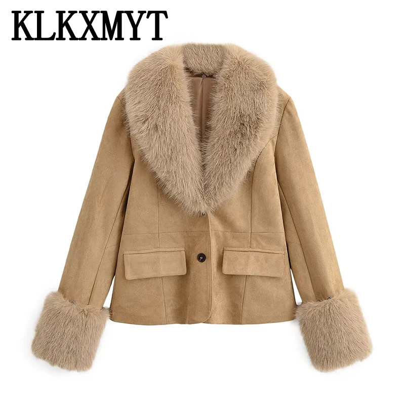 Elegant Faux Fur Collar Women's Coat Suede Single Breasted Winter Jackets Women 2025 Autumn Chic Street Office Lady Outerwear ﻿
