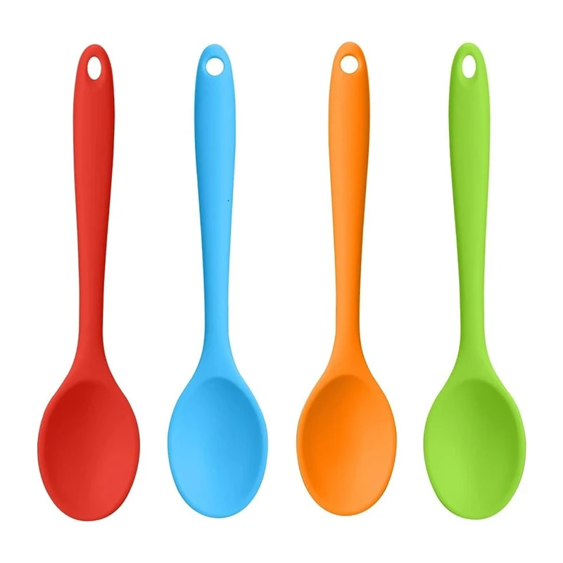 Conjunto de colheres de silicone com cabo longo, 4 unidades, colheres de mistura, resistente ao calor, colher de sopa, cozimento, servir, talheres, acessórios de cozinha