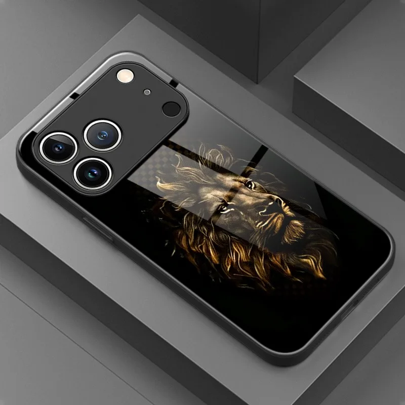 Schwarze Kunst-Trend Löwenkopf-Muster Gehärtetes Glas Handyhülle für iPhone 18 17 16 15 Pro Max 14 13 12 11 17Air 7 8 Plus XR X Cover