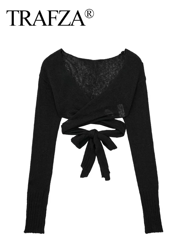 

TRAFZA 2023 Women Official Knotted Knit Cardigan Vintage Black Cropped Sweater Female Cross Waist Tied Slim Knitted Tops