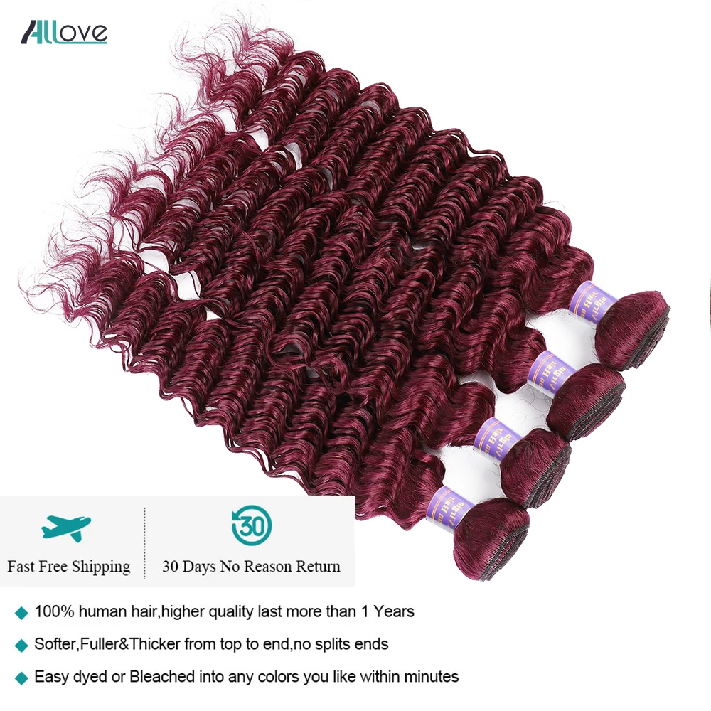 Allove 99J fasci di onde profonde bordeaux 30 pollici capelli rossi brasiliani che tessono estensioni dei capelli umani Remy colorate al 100% per le donne