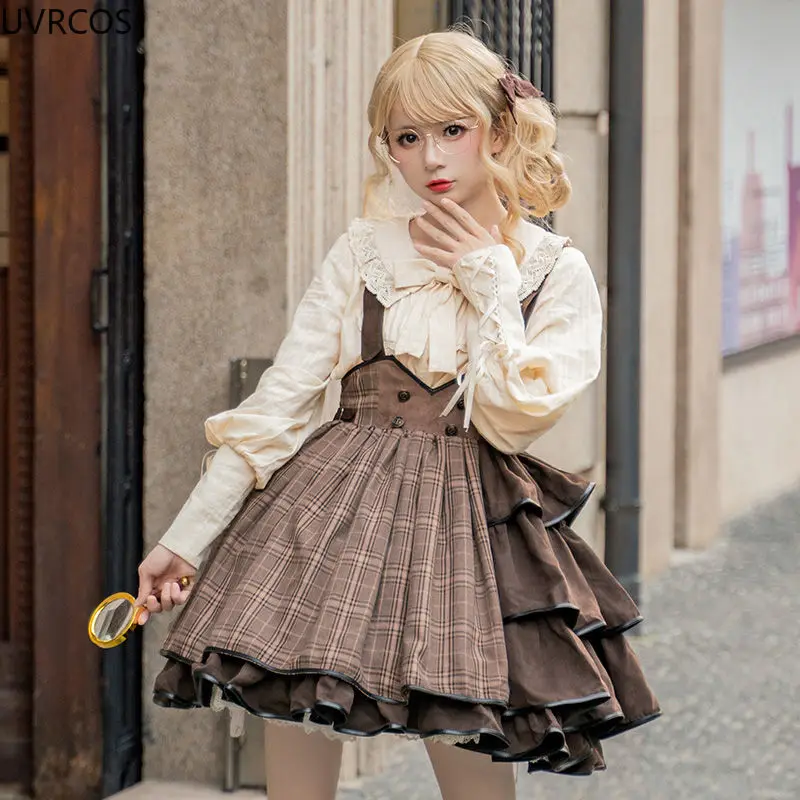 Spring Summer Japanese Gothic Lolita Jsk Dress Women Kawaii Ruffle Harajuku Brown Strap Dress Girls Punk Loli Tea Party Vestidos lolita dress lolita suspender dress lolita cosplay costumes suspender dress