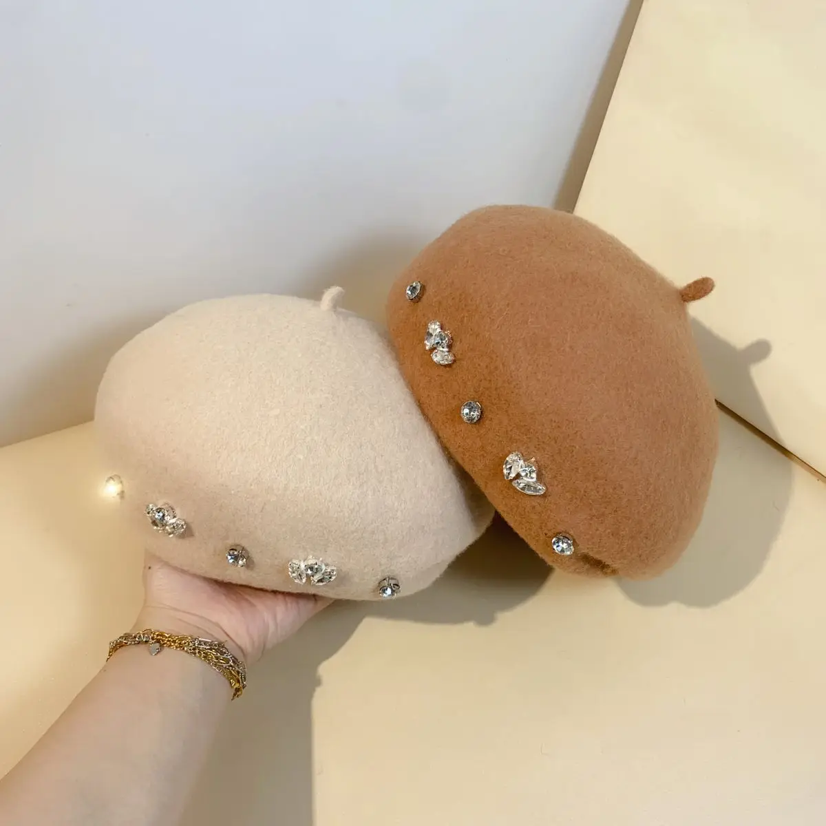 Designer Brand Fashion Rhinestones Wool Beret Hat Women