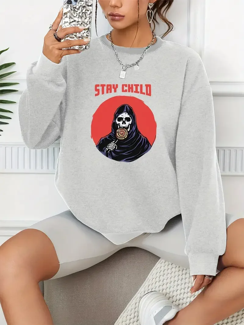 Stay Child Print Casual Loose Fashion Long-Sleeved Pullover Solid Color Women's Swearshirts