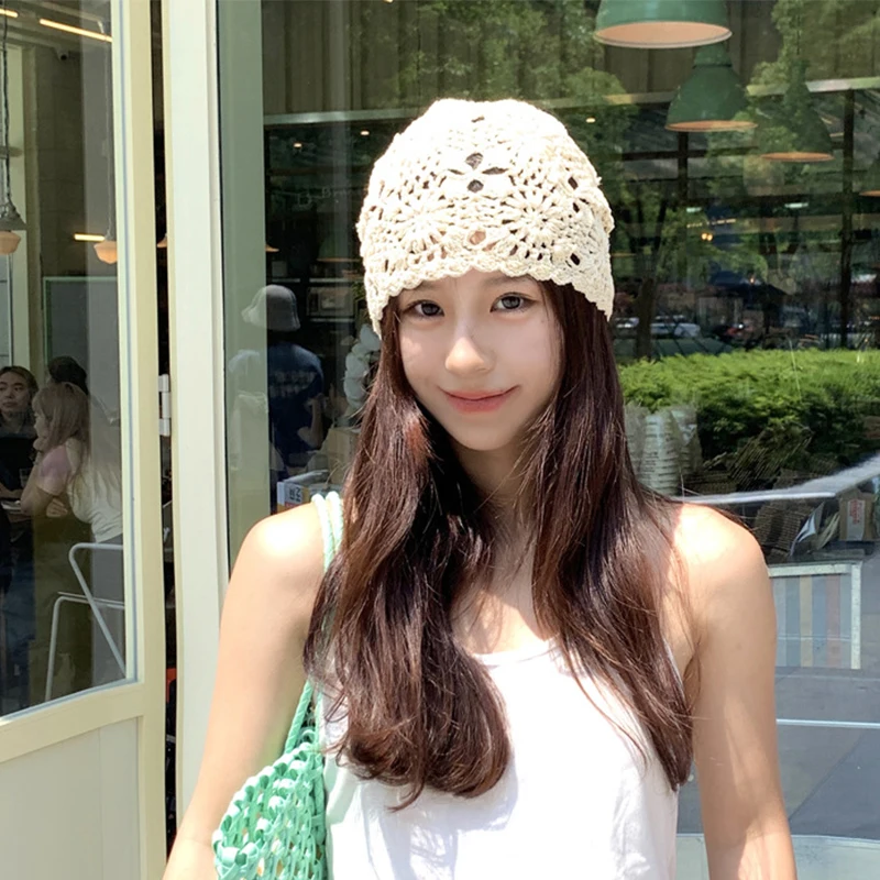 Handmade Crochet Hollow Head Japan Knit Cap Spring Summer Retro Casual Turban Fashion Melon Mesh Hat Pullover Hat Breathable 2