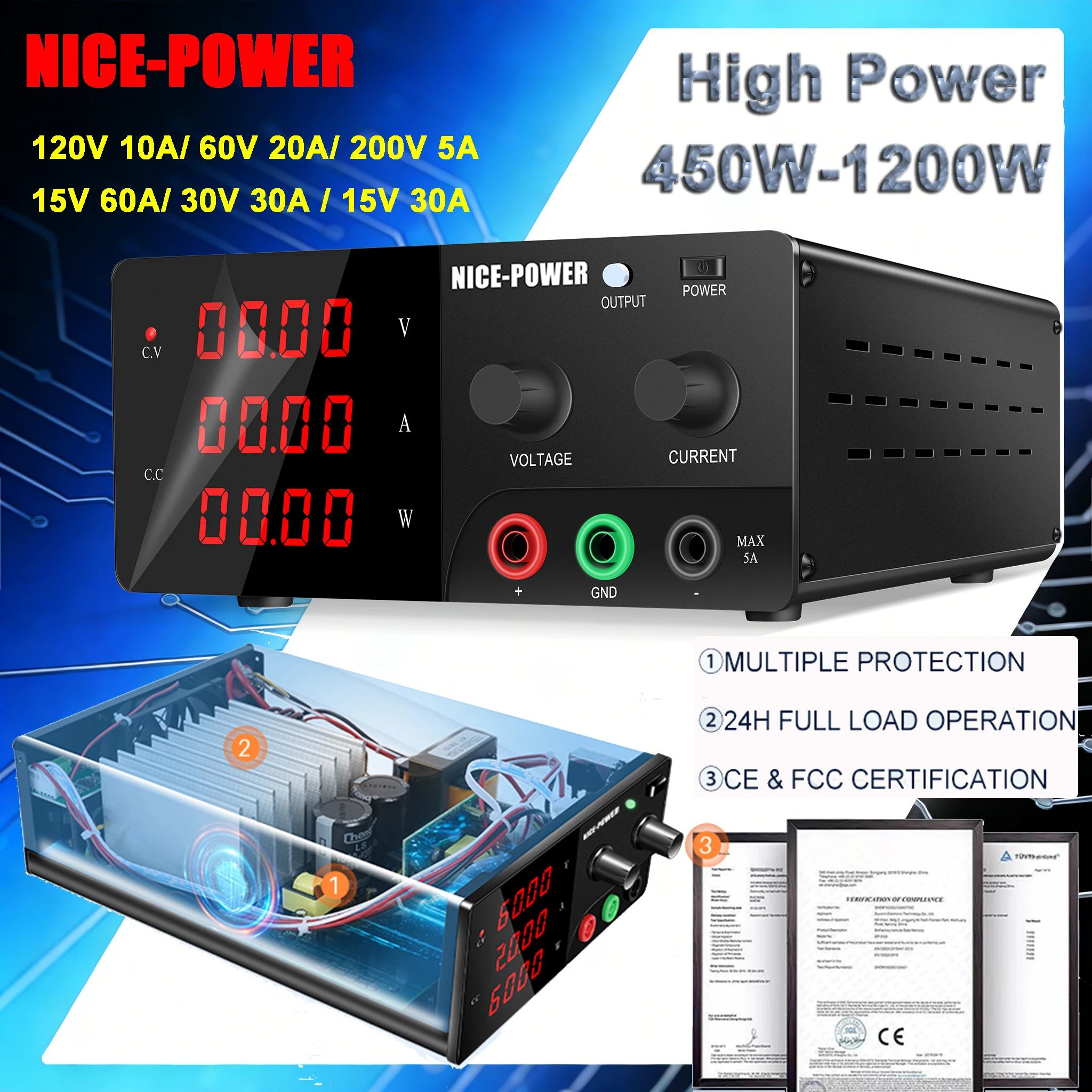 NICE-POWER de 120 V y 10 A Fuente de Alimentación de CC Ajustable, Fuente de Alimentación Digital de Alta Potencia de 200 V y 5 A, Salida de 60 V y 20 A para Pruebas de Envejecimiento de Productos