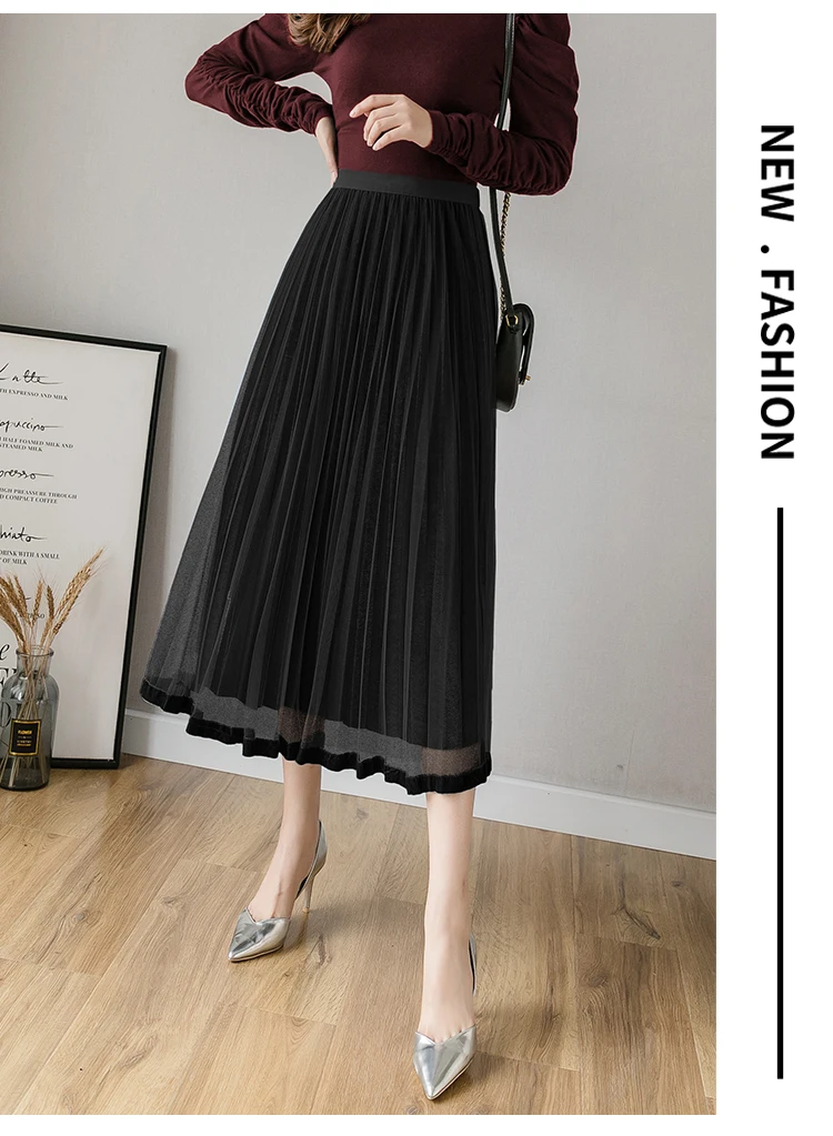 2019 Autumn Winter Skirt Elegant Mesh Gold Velvet Patchwork High Waist Pleated Lace Skirts Womens Casual Party Black Skirt ruffle skirt