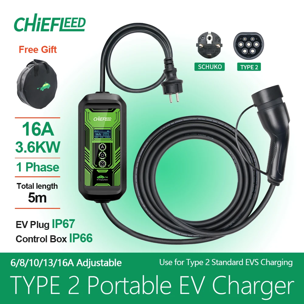 

Chiefleed 16A 3.6kw Type2 EV Charger Schuko Plug 16A Adjustable 5m 220V~250V Smart Button IP67 Fast Charge