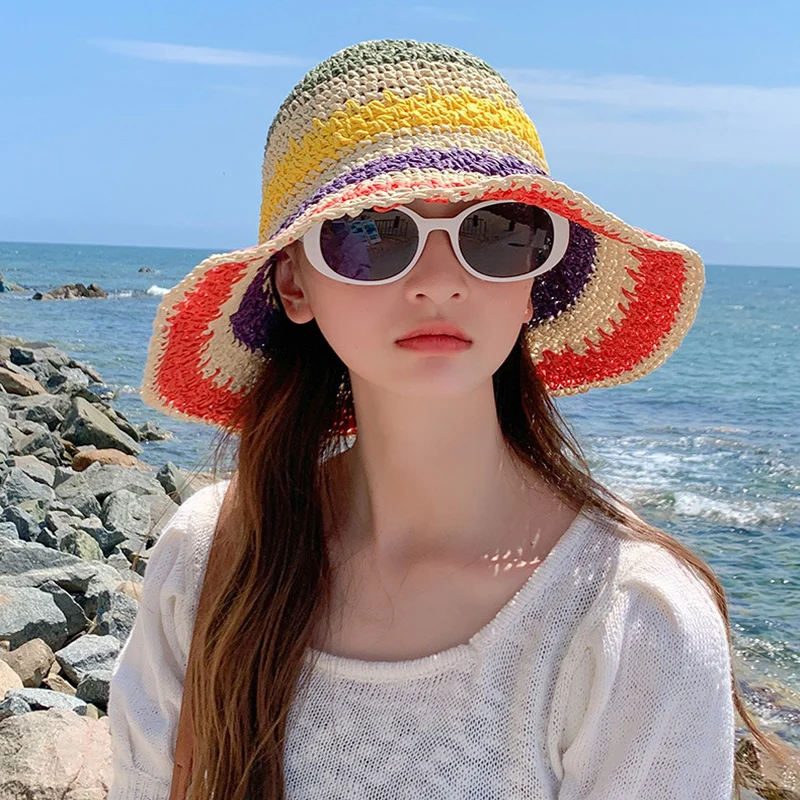 Colorful Knitted Bucket Hat For Women – UV Protection, Packable Straw Sun Hat For Beach, Travel & Summer