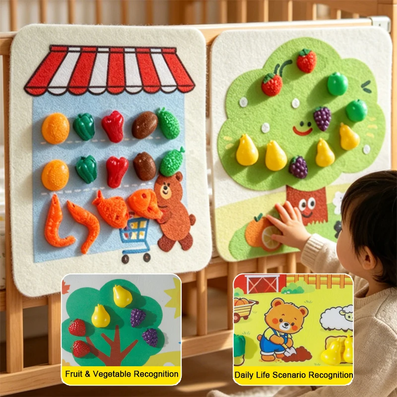 Gioco di simulazione cucina in feltro per bambini, adesivi da parete/recinzione, simulazione di frutta e verdura da fattoria, giocattolo per attività motorie grosse - immagine 2