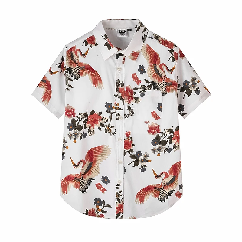 

European and American men's wear summer 2022 new Short sleeve lapel single breasted flying crane print Fashion shirt