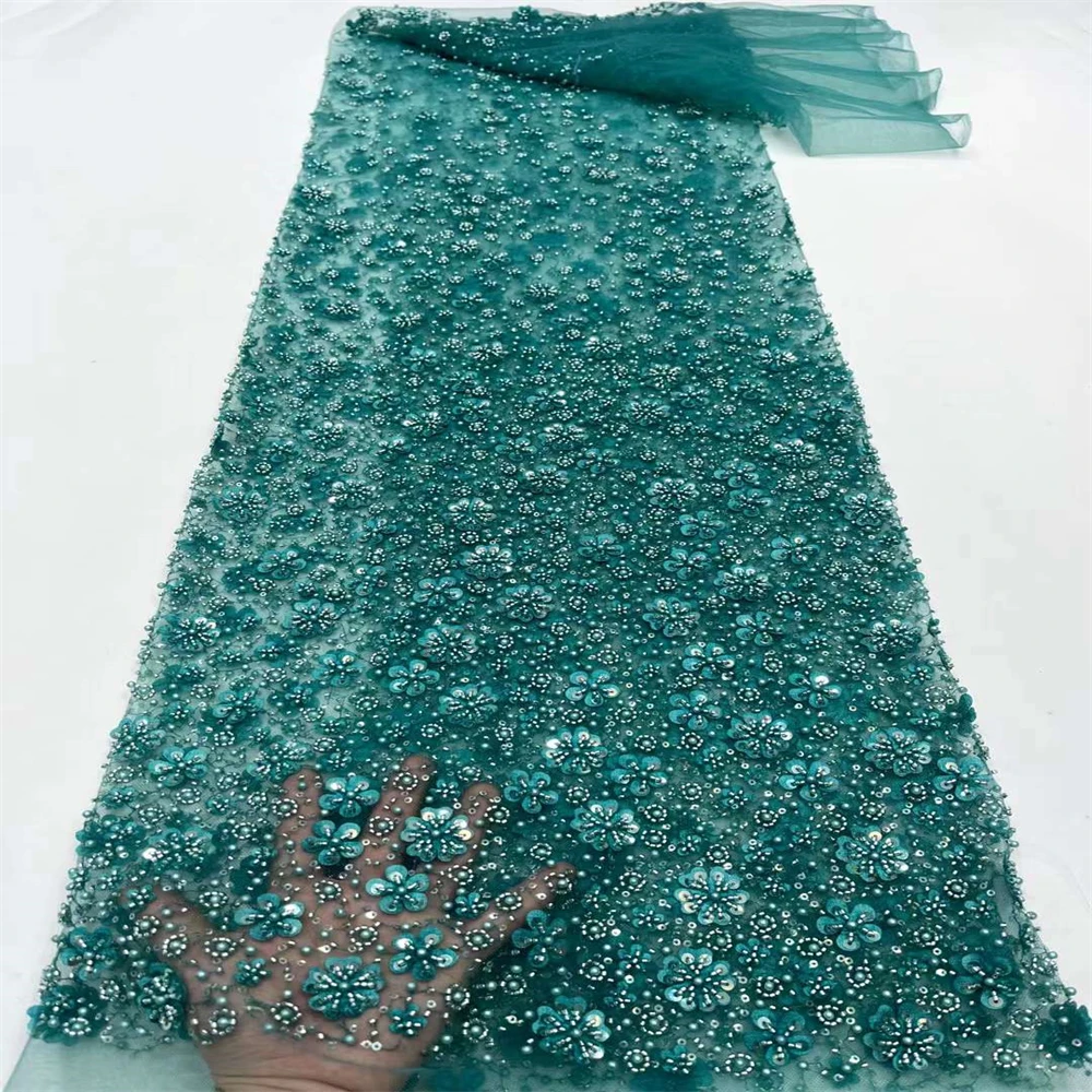 

Latest Lace Fabric High Quality 2023 Dubai Beaded Crystal Net Fabric with Pearl Africa Sequins Embroidered Tulle Dress xc-0375