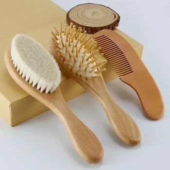 Newborn Wooden Baby Hair Brush & Wool Comb 1