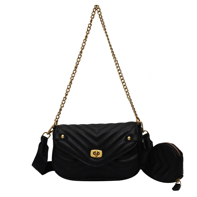New Fashion Trend Summer Shoulder Bag High End Chain Solid Color PU Leather Crossbody Lingge Chain Bag