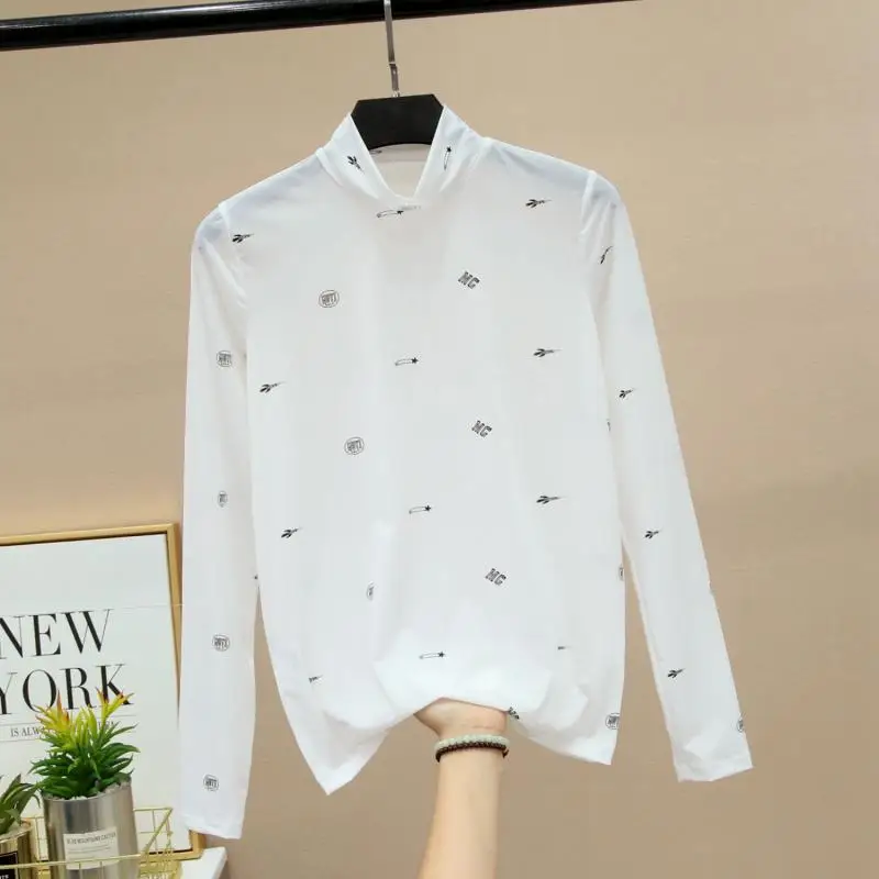 2023 Summer Women Golf Sunscreen with long sleeves and ultra-thin ice silk bottoming shirt and round neck turtleneck top