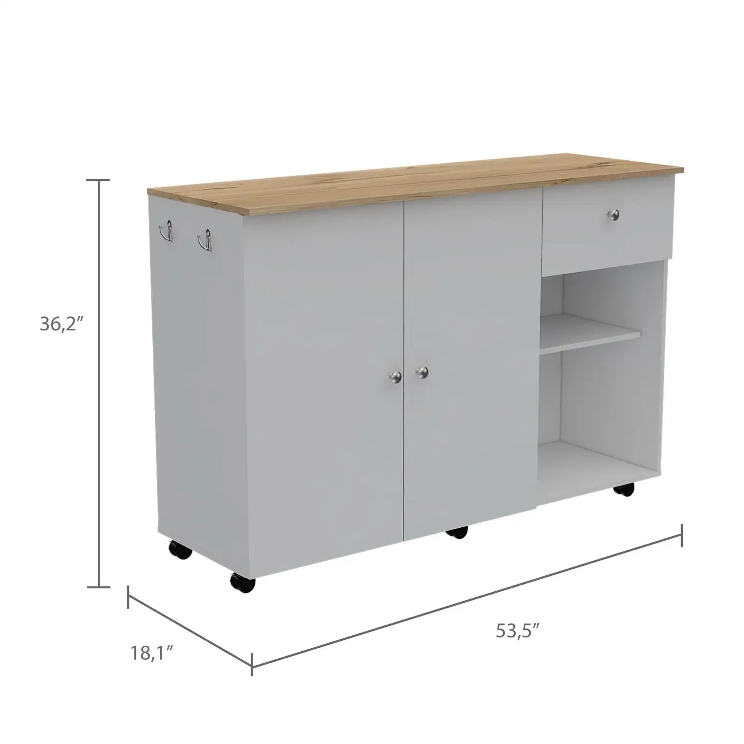 Kitchen Island Cart Victoria, Four Interior Shelves, Six Carters, One Drawer, Double Door Cabinet White / Light Oak 2