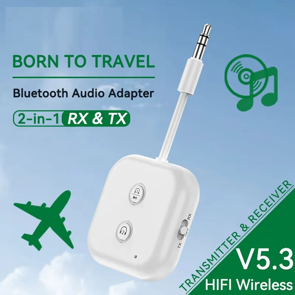 (A75T) 2 in 1 블루투스 5.3 오디오 송수신기 3.5MM AUX 스테레오 무선 어댑터 (차량, 비행기, TV, PC용 마이크 포함)