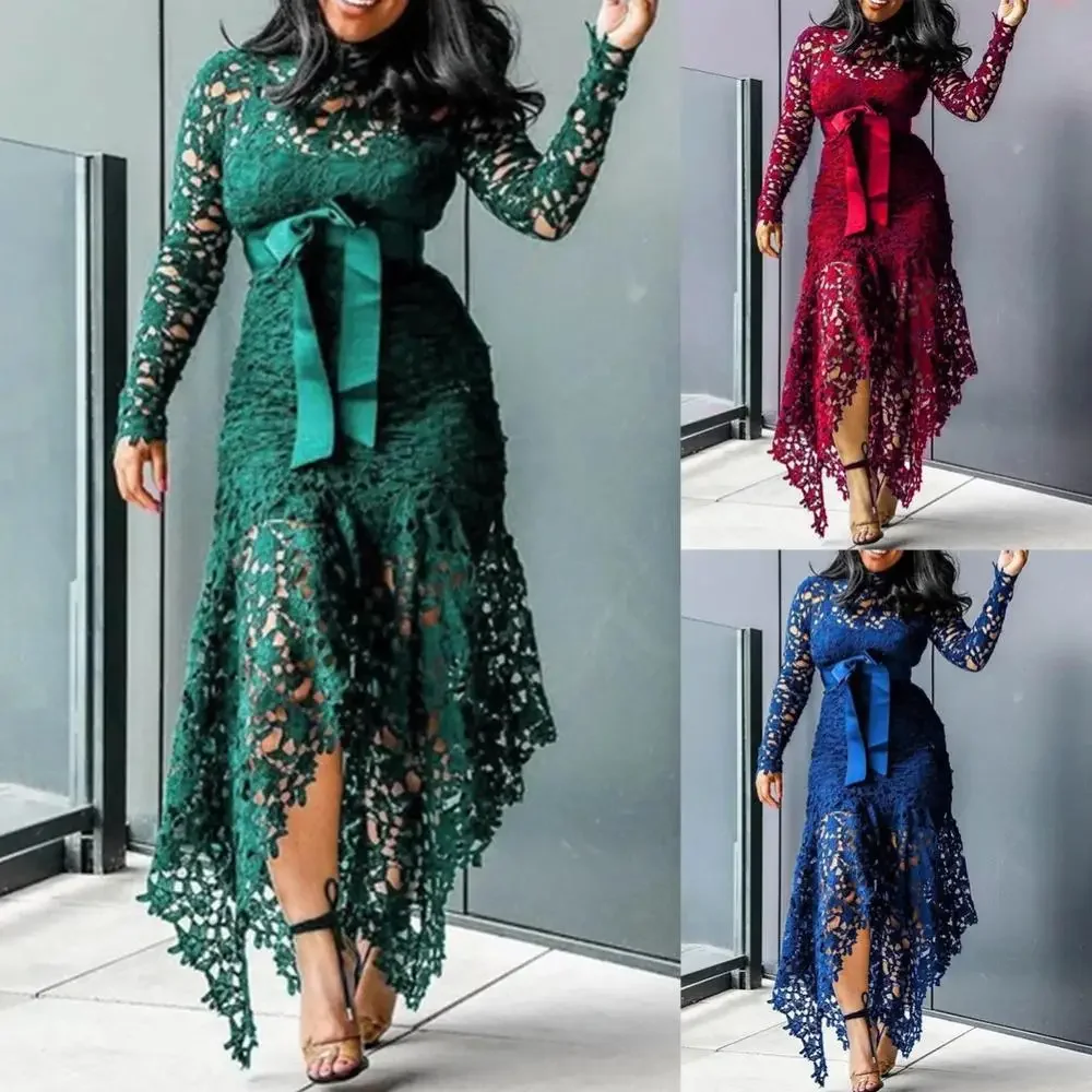 

Dress Women Sexy Long Dress Vintage Party Black Lace Plus Big Size Large M-XXXL 4XL Mesh Hollow Blue African Maxi