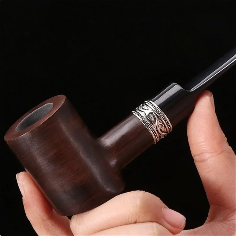 Tobacco Pipe Ebony Wood 9mm Filter Flue Tobacco Pipe Retro Gentleman Bent Type Handle Handmade Smoking Pipe With Accessory Old Dad's Gift Herb Smoking Pipe Handicraft Pipe