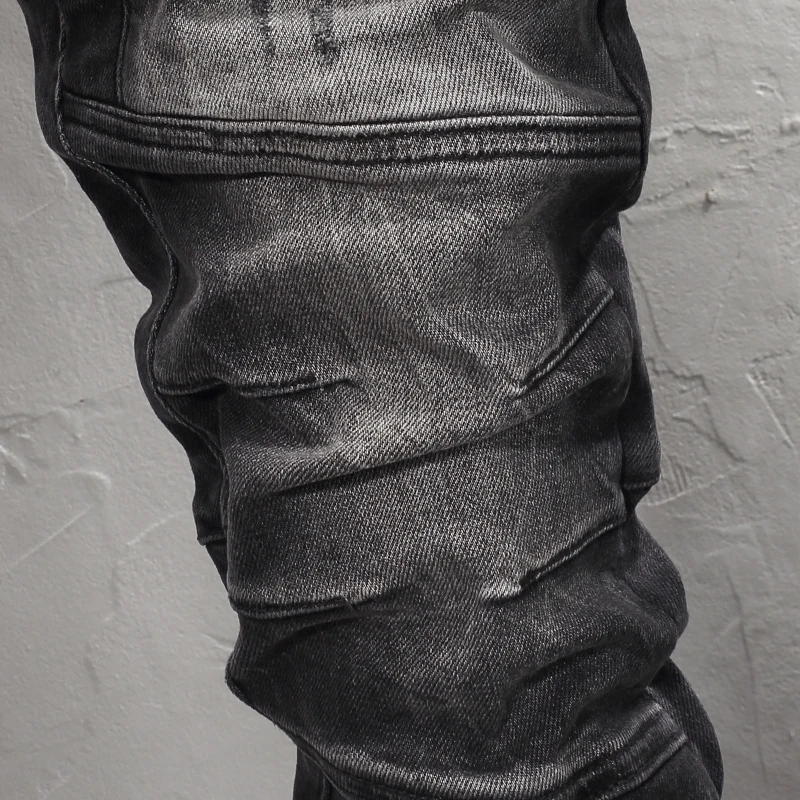 Streetwear Fashion Men Jeans High Quality Retro Black Gray Spliced Designer Biker Jeans Homme Patched Hip Hop Denim Pants Men