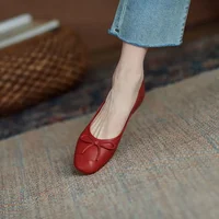 Red With Bow Luxury Leather Casual Kawaii Flat Cute Moccasins Flats Ladies Footwear Women's Shoes Round Toe Trend Chic Point Y2k
