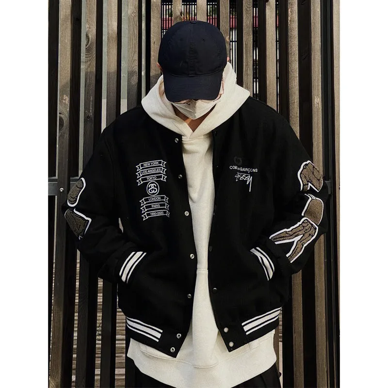 Embroidered Baseball Uniform Coat Men's Autumn and Winter New Loose Thick High Street Jacket Cotton Clothes Fashion denim