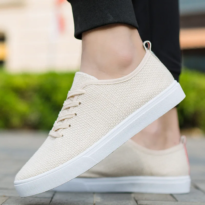 Men's Canvas Shoes Summer Breathable Lightweight Korean Style Shallow Mouth Loafers Non-slip Casual Lace Up Walking Sneakers 2