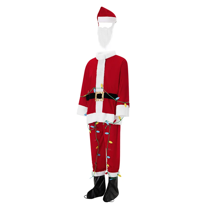 Christmas Santa Claus Costume Set 5Pcs Flannel Long Sleeve Tops Trousers Boots Hat Beard Cosplay Outfit for Men