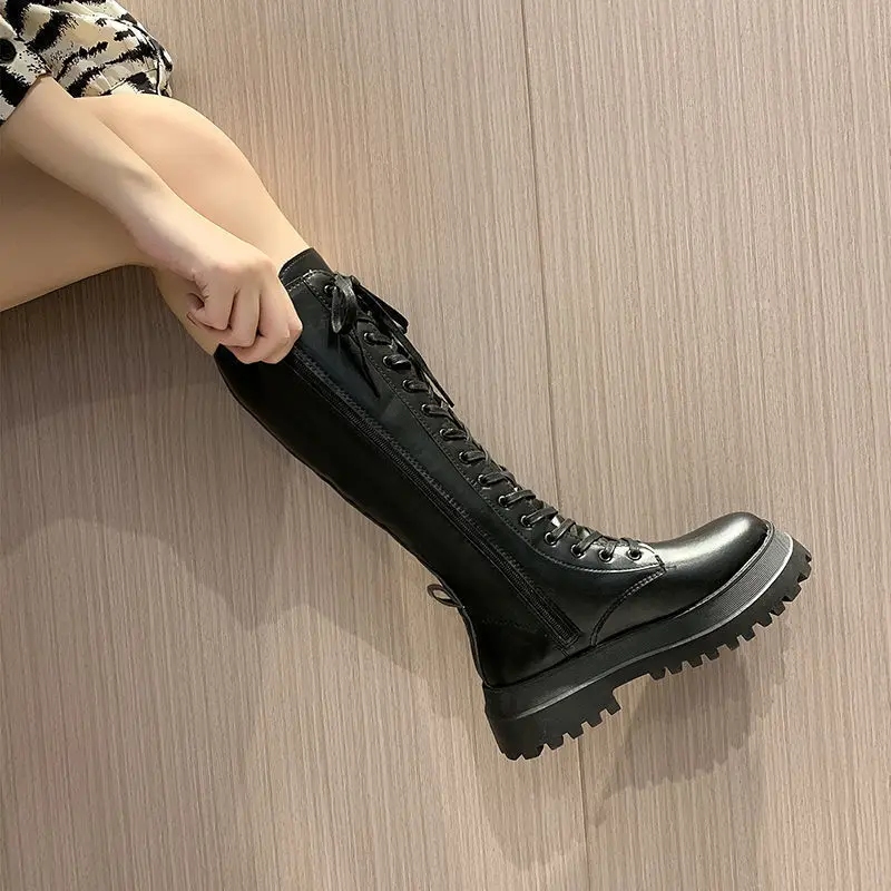 靴 grained leather long lace up boots Tejiojio Clearance Fashion Hasp Lacing Thick-soled Large