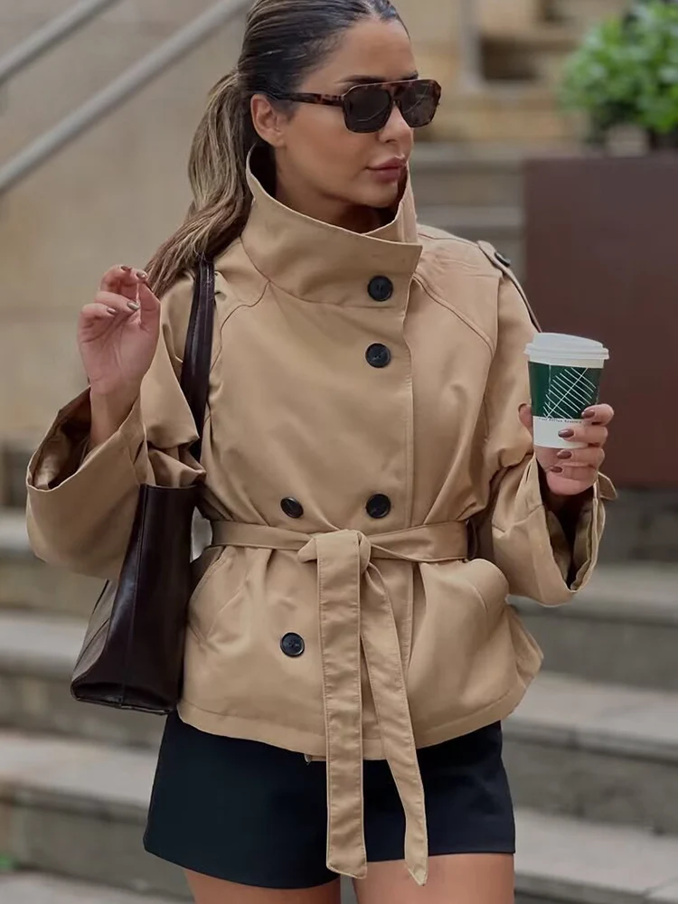 Women's Chic Stand Collar Belted Cropped Trench Coats Elegant Ladies Double-breasted 2025 Autumn New Casual Commuting Outerwear