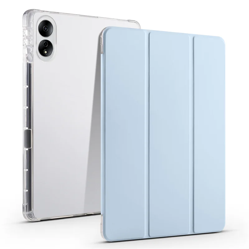 Clear Tablet Case with Pencil Holder and PU Leather Flip Stand, Soft TPU Back Cover