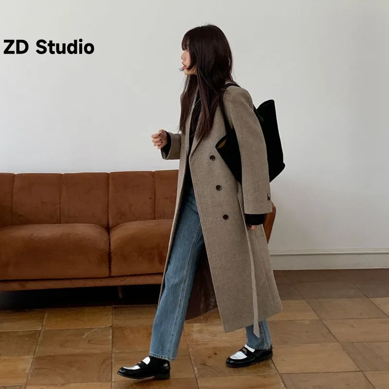 

[ZD Studio] 2023 New Thick Twill Korean Version Lace-up Medium Long Woolen Coat Coat Woman
