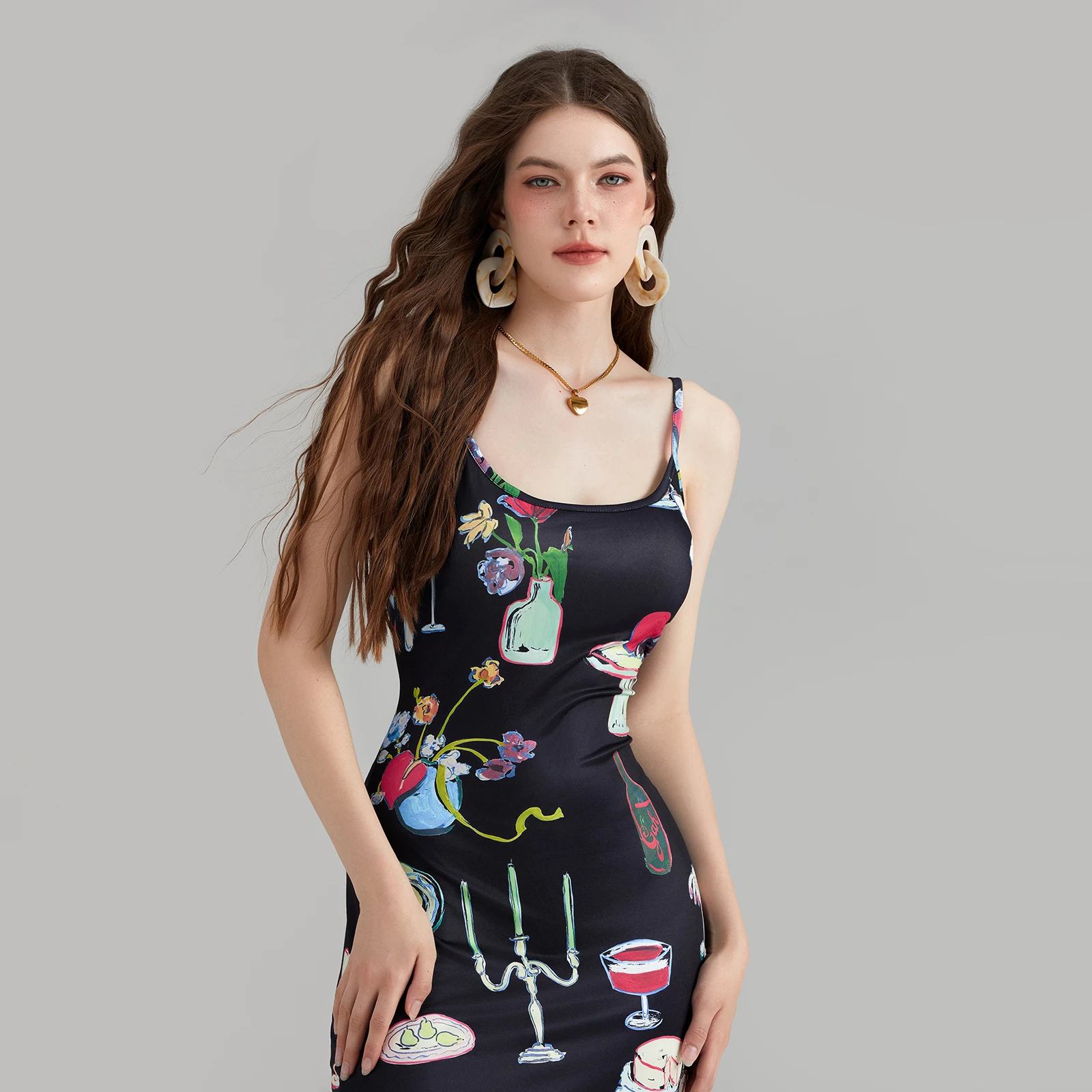 Vintage Black Slip Midi Dress for Women