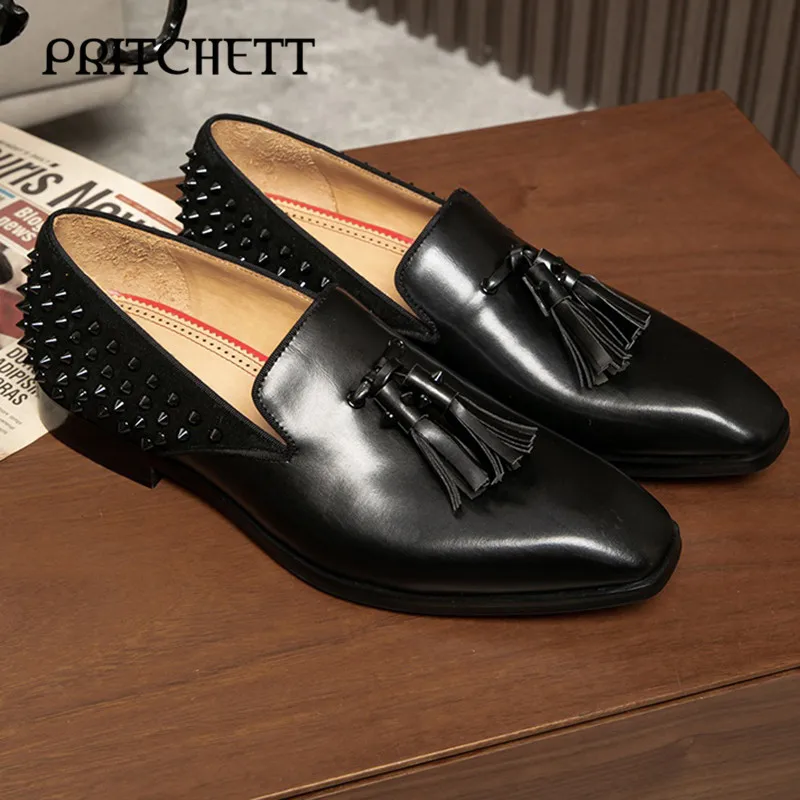 Black Leather Studded Accents Leather Shoes Round Toe Square Root Shallow Mouth Tassel Stitching Formal Business Men's Shoes