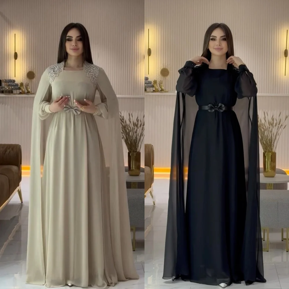 Jiayigong  Chiffon Draped Bow Applique Homecoming A-line Square Collar Bespoke Occasion Gown Long Dresses Saudi Arabia