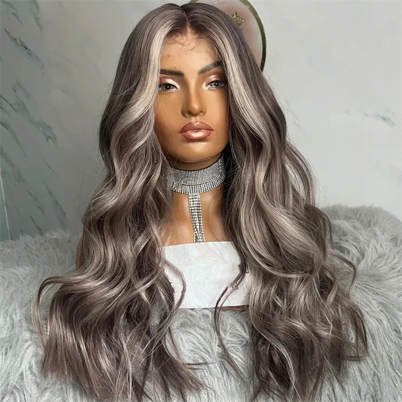 

HD Top Grade Full Lace Wig Natural Human Hair Wigs Promotion Dark Grey Blonde Highlights 13x6 Lace Frontal Wig 100% Real All Wig