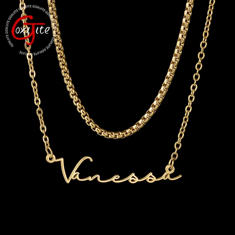 

Goxijite Customized Name Necklace For Women Men Stainless Steel Custom Double Layer Nameplate Necklaces Jewelry Party Gift